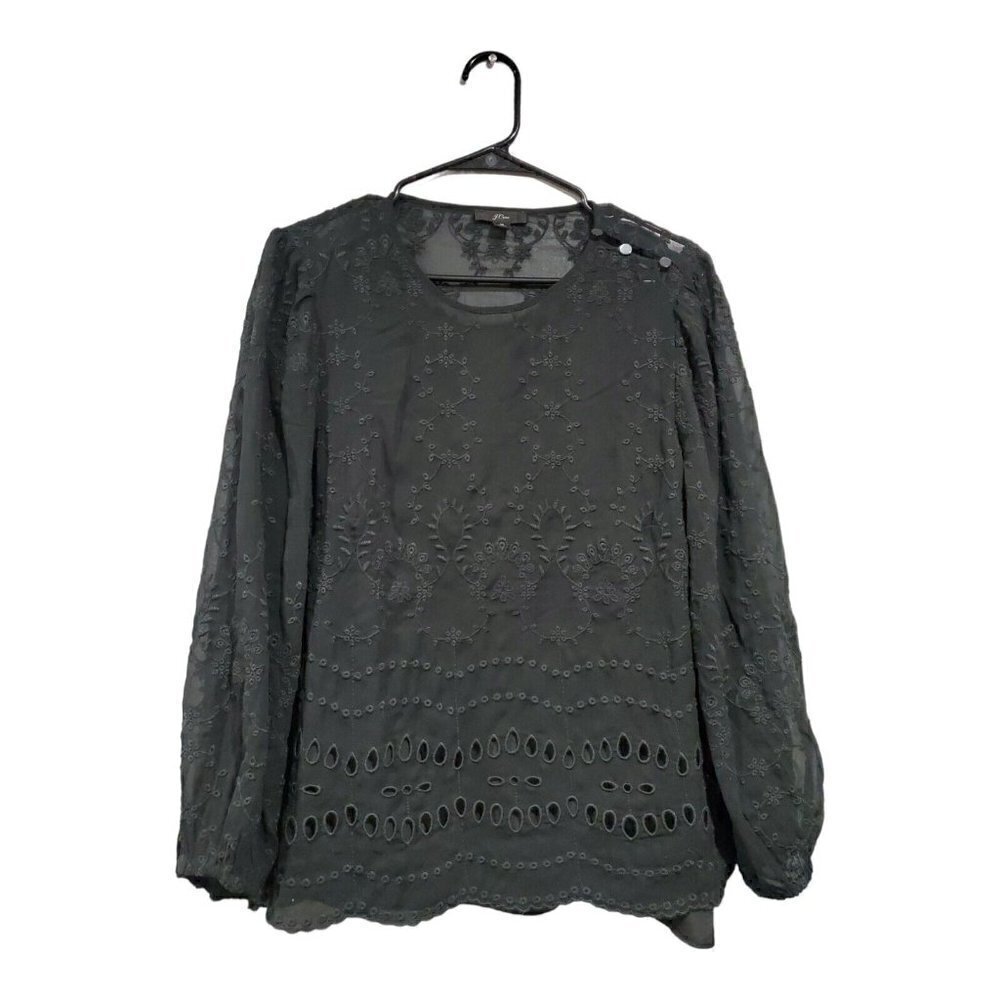 J. Crew Women's Black Sheer Tank Lined Long-Sleeved Detailed Blouse Top …